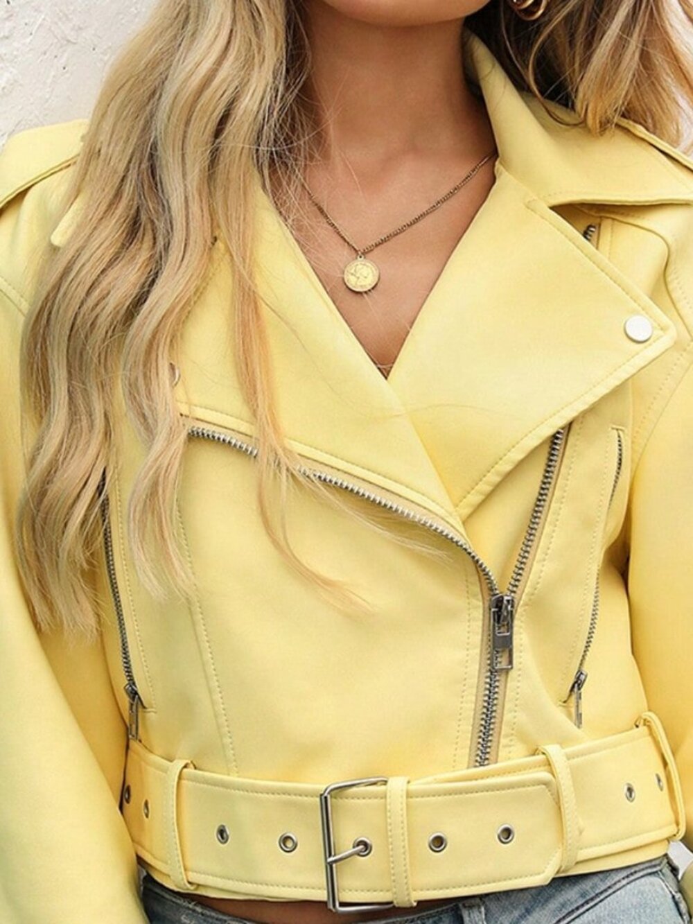 Bright Yellow Casual Women's Minimalist Zip-Up faux leather Short Jacket - Picture 7 of 7